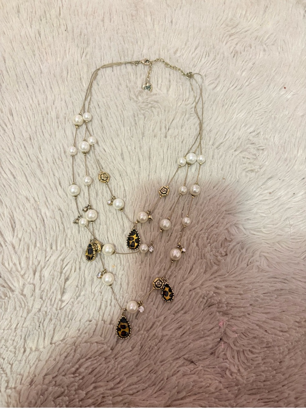 Betsey Johnson Vintage 3-Strand Faux Pearl & Leopard Drop Layered Necklace